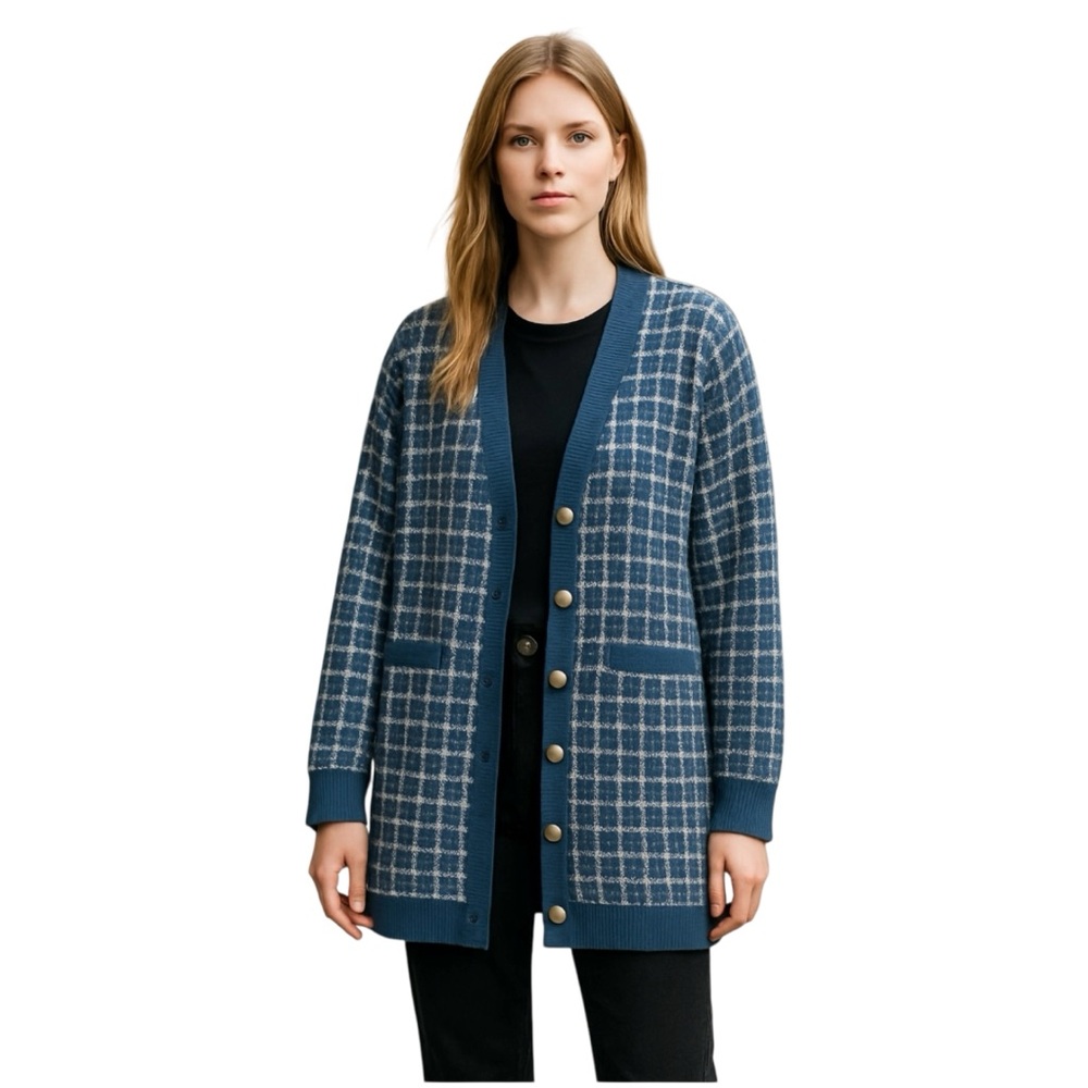 Talbots Blue Plaid Long Button Cardigan
